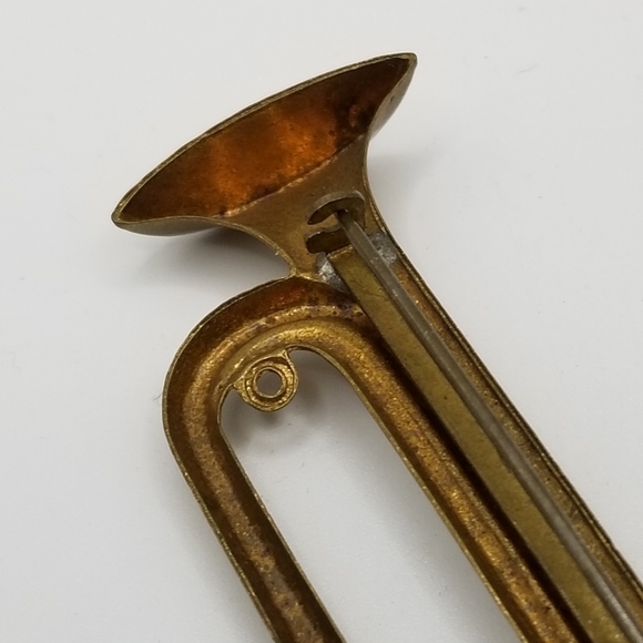 Vintage Antique Pin Brooch C Clasp Brass Bugle Musical Instrument Horn Lapel 3in - Picture 7 of 9